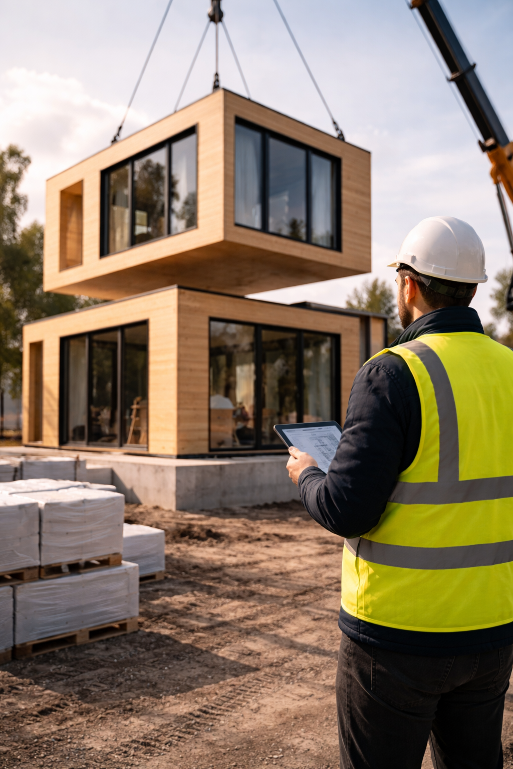 Modular wooden house construction process with crane installation and site manager supervision