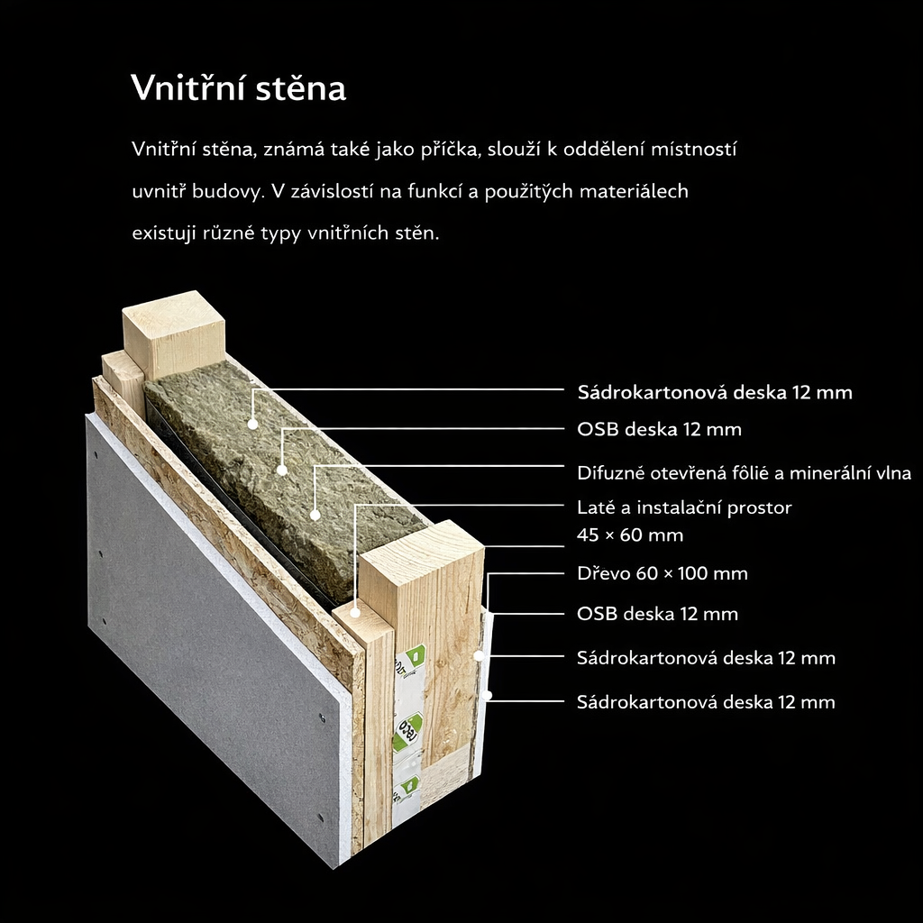 Konstrukce vnitřní stěny domu Römer Woodhaus – příčka se sádrokartonem, OSB deskou a minerální izolací