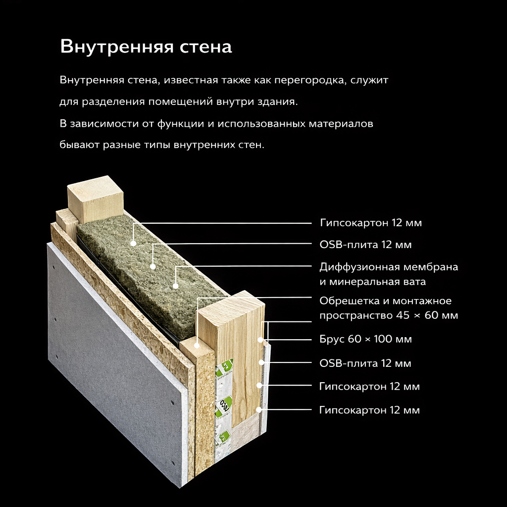 Конструкция внутренней стены дома Römer Woodhaus – перегородка с гипсокартоном, OSB и минеральной ватой